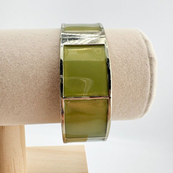Vintage Enamel Bangle Bracelet Olive Green Silver Tone MCM Geometric Mod Retro - Picture 7 of 9